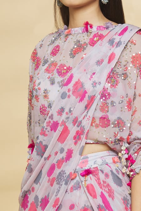 Aangan By Parul Grey Modal Viscose And Chiffon Floral Print, Sequin & Pre-draped Saree With Blouse at Aza Fashions Aangan By Parul_Grey Modal Viscose And Chiffon Floral Print, Sequin & Pre-draped Saree With Blouse _at_Aza_Fashions