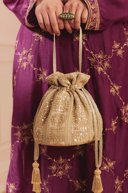 Golden Potli Bag | Potli bags, Handmade bags, Traditional outfits