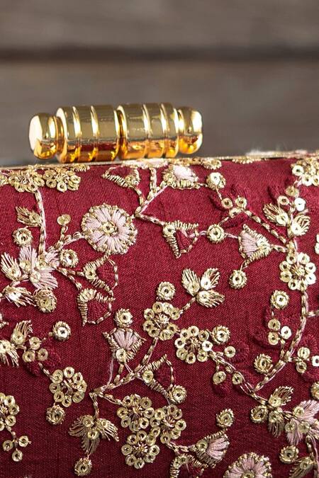 Amyra_Maroon Embroidery Elan Capsule Clutch With Sling_Online_at_Aza_Fashions