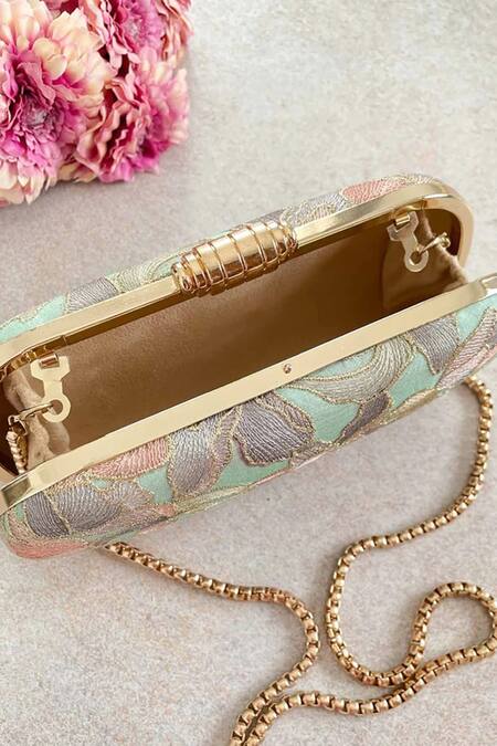 Amyra_Green Embroidery Iris Shaded Clutch With Sling_Online_at_Aza_Fashions