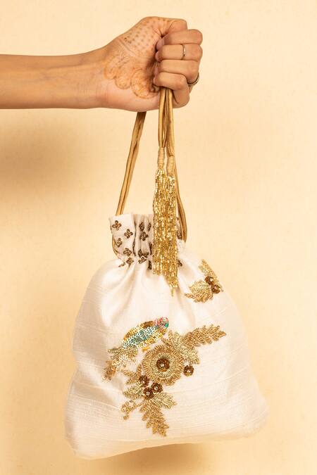 Shop_Aamli_Ivory Embroidery Parinda Zardozi Potli _Online_at_Aza_Fashions