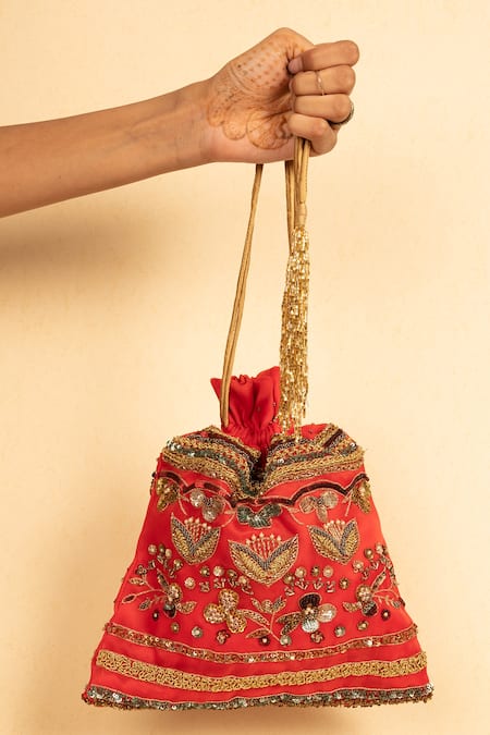 Aamli_Red Embroidery Avar Floral Potli _Online_at_Aza_Fashions