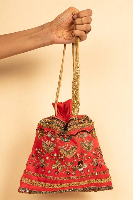 Buy_Aamli_Red Embroidery Avar Floral Potli _Online_at_Aza_Fashions