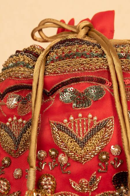Shop_Aamli_Red Embroidery Avar Floral Potli _Online_at_Aza_Fashions