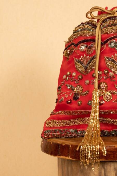 Aamli_Red Embroidery Avar Floral Potli _at_Aza_Fashions