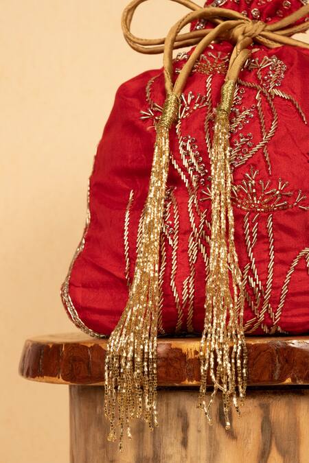 Aamli_Red Embroidery Zoella Zardozi Potli _Online_at_Aza_Fashions