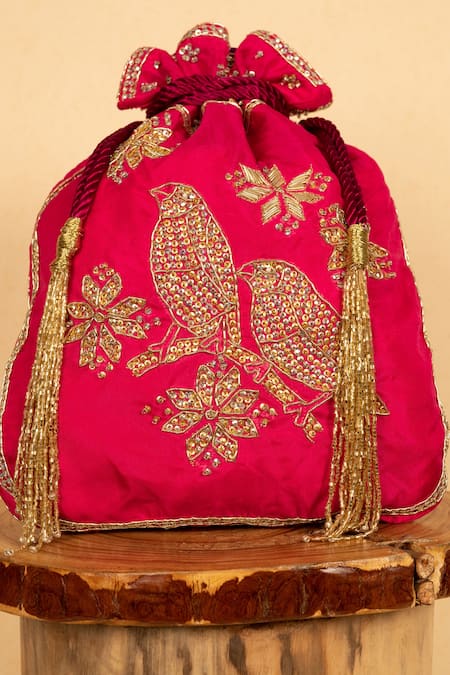Buy_Aamli_Pink Embroidery, Beads Perch Bird Potli _Online_at_Aza_Fashions
