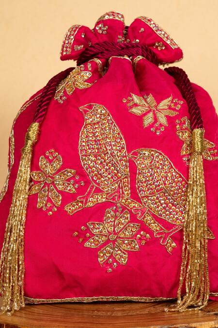 Shop_Aamli_Pink Embroidery, Beads Perch Bird Potli _Online_at_Aza_Fashions