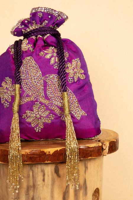 Aamli_Purple Embroidery Perch Bird Potli _Online_at_Aza_Fashions