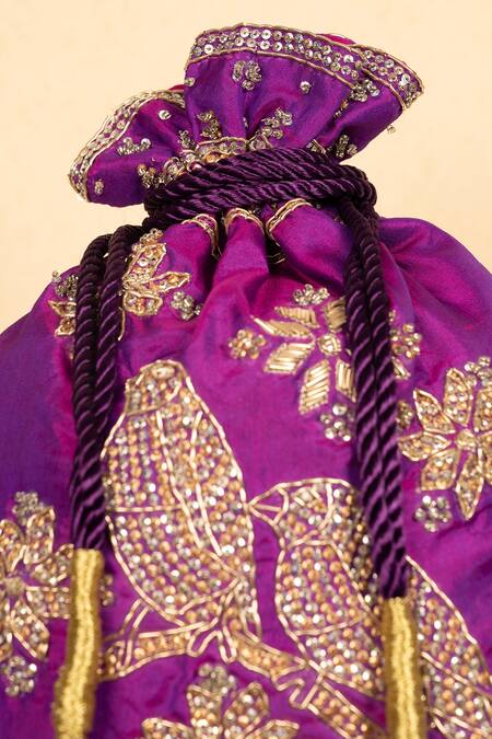 Aamli_Purple Embroidery Perch Bird Potli _at_Aza_Fashions