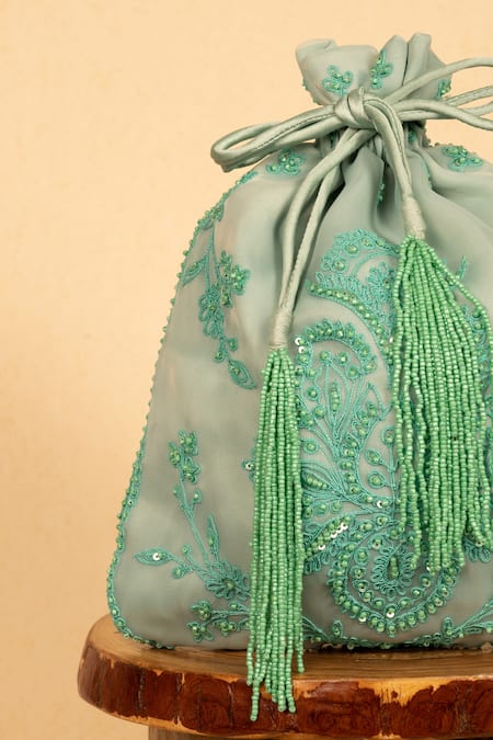 Aamli_Green Embroidery Sejal Floral Potli _at_Aza_Fashions