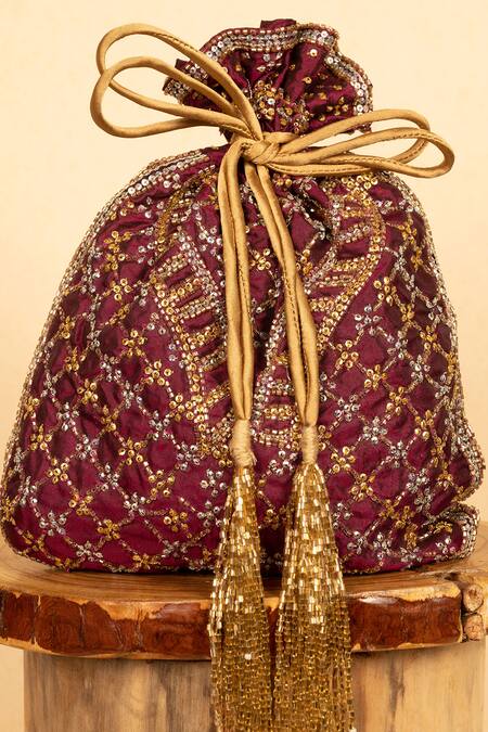 Aamli_Maroon Embroidery Aaria Silk Potli _Online_at_Aza_Fashions