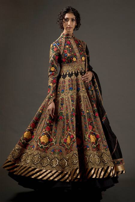 Rohit Bal_Black , Silk, Cotton Lining Floral Embroidered Anarkali Set _Online_at_Aza_Fashions