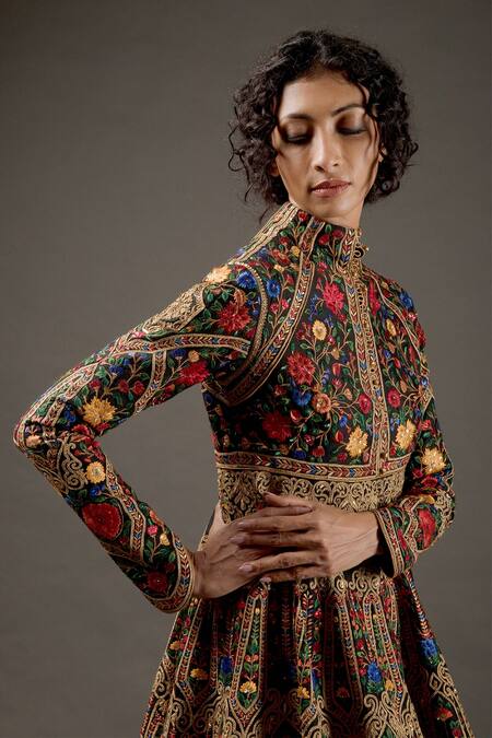 Buy_Rohit Bal_Black , Silk, Cotton Lining Floral Embroidered Anarkali Set _Online_at_Aza_Fashions