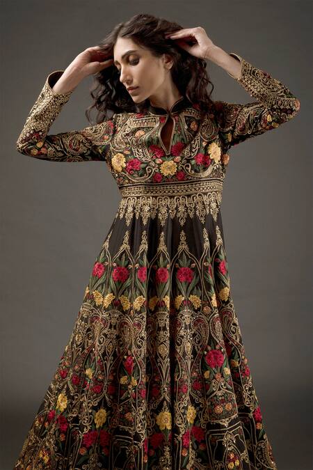 Buy_Rohit Bal_Black , Silk, Cotton Lining Floral Embroidered Anarkali Set _Online_at_Aza_Fashions