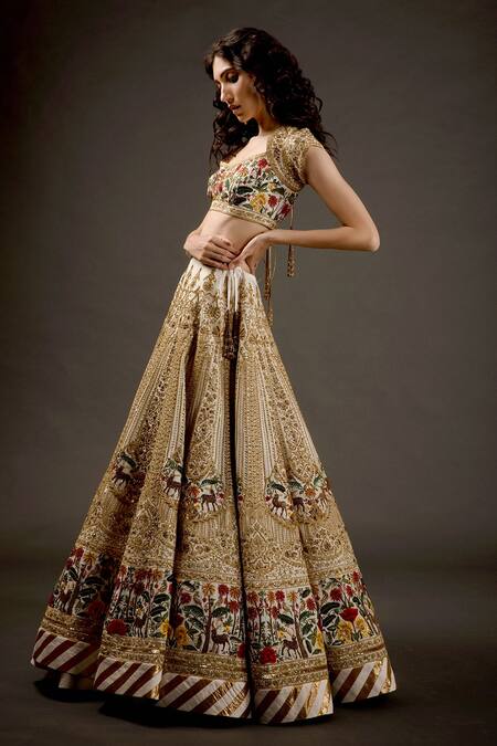 Buy_Rohit Bal_Ivory Chanderi Silk Lining Cotton Resham Thread Embroidered Bridal Lehenga Set _Online_at_Aza_Fashions