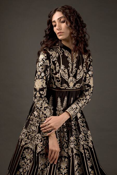 Rohit Bal_Black Net, Chanderi Silk,  Lining Zari Embroidered Anarkali Set _Online_at_Aza_Fashions