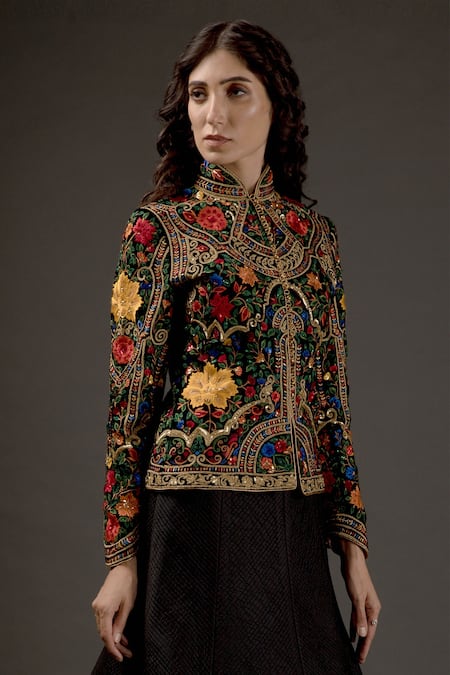 Rohit Bal Silk Velvet Floral Embroidered Jacket 