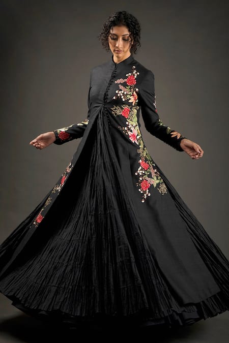 Rohit Bal_Black Matka  Lining Resham Thread Work Floral Embroidered Jacket _Online_at_Aza_Fashions
