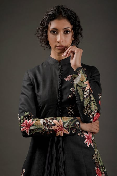 Buy_Rohit Bal_Black Matka  Lining Resham Thread Work Floral Embroidered Jacket _Online_at_Aza_Fashions