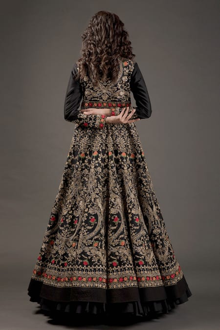 Shop Rohit Bal Black , Silk, Cotton Lining Floral Embroidered Anarkali Set at Aza Fashions Shop_Rohit Bal_Black , Silk, Cotton Lining Floral Embroidered Anarkali Set _at_Aza_Fashions
