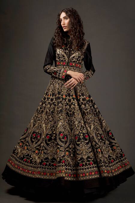 Rohit Bal Black , Silk, Cotton Lining Floral Embroidered Anarkali Set Online at Aza Fashions Rohit Bal_Black , Silk, Cotton Lining Floral Embroidered Anarkali Set _Online_at_Aza_Fashions