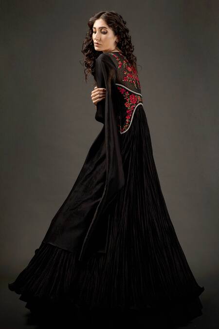 Rohit Bal_Black Chanderi Silk, Net Lining Cotton Resham Floral Embroidered Anarkali Set _Online_at_Aza_Fashions