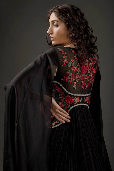 Buy_Rohit Bal_Black Chanderi Silk, Net Lining Cotton Resham Floral Embroidered Anarkali Set _Online_at_Aza_Fashions