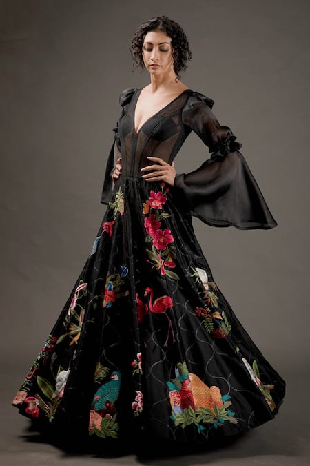 Rohit Bal_Black Net, Chanderi Silk,  Lining Resham Embroidered Anarkali Set _Online_at_Aza_Fashions