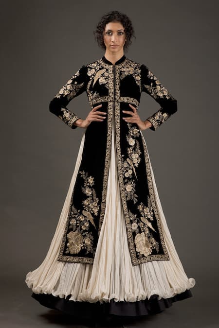 Rohit Bal Black Silk Velvet Embroidered Resham Thread Work Split Anarkali Set  