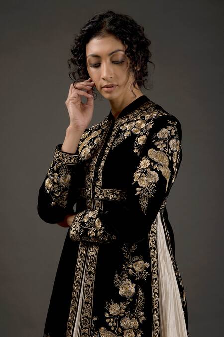 Rohit Bal_Black Silk Velvet, Net Lining Cotton Resham Embroidered Split Anarkali Set _Online_at_Aza_Fashions