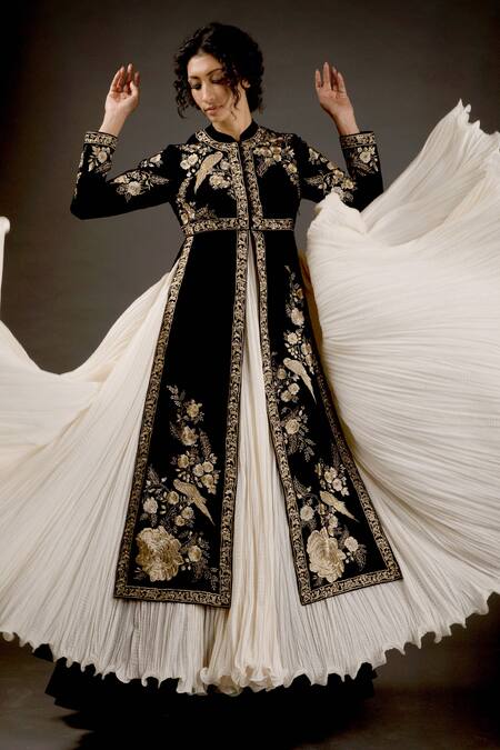 Buy_Rohit Bal_Black Silk Velvet, Net Lining Cotton Resham Embroidered Split Anarkali Set _Online_at_Aza_Fashions