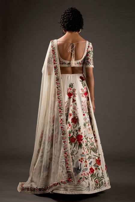Shop_Rohit Bal_Ivory Chanderi Silk Embroidered Resham Thread Work Bridal Lehenga Set  _at_Aza_Fashions