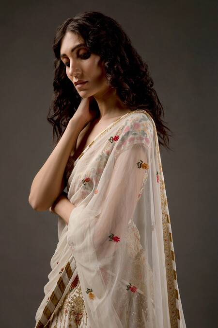 Buy_Rohit Bal_Ivory Chanderi Silk Lining Cotton Resham Thread Embroidered Bridal Lehenga Set _Online_at_Aza_Fashions