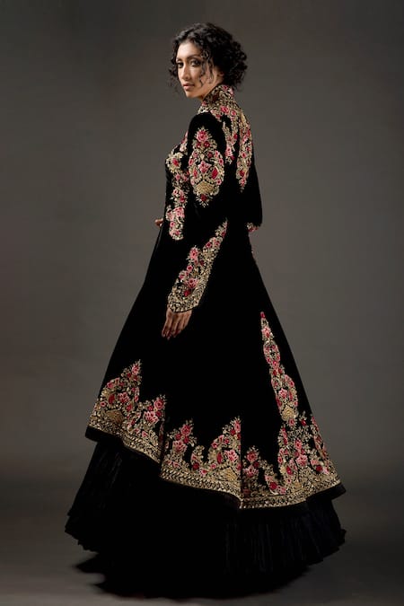 Rohit Bal_Black Velvet Lining Resham Thread Work Embroidered Long Jacket _Online_at_Aza_Fashions