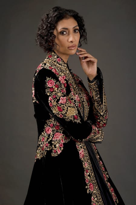 Buy_Rohit Bal_Black Velvet Lining Resham Thread Work Embroidered Long Jacket _Online_at_Aza_Fashions