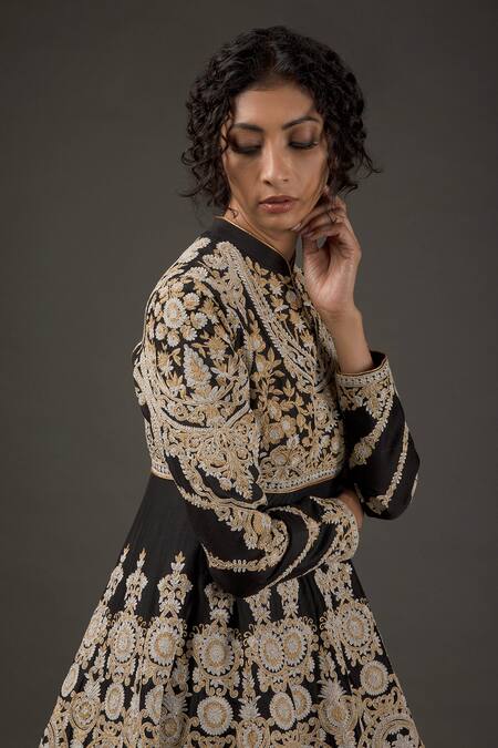 Rohit Bal_Black Net, Chanderi Silk,  Lining Zari Embroidered Anarkali Set _Online_at_Aza_Fashions