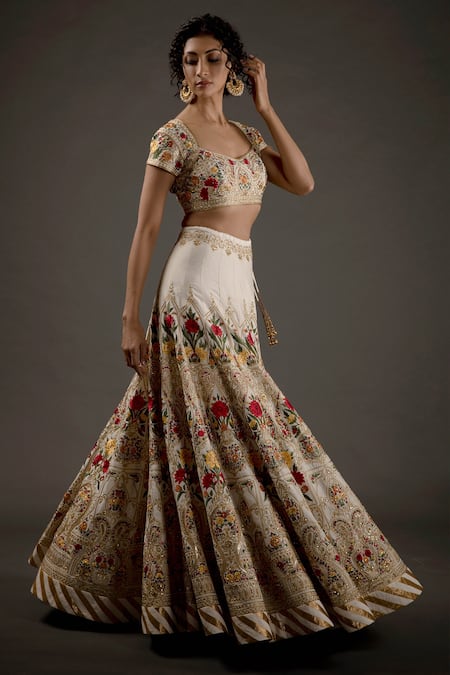 Rohit Bal_Ivory Chanderi Silk Lining Cotton Resham Thread Embroidered Bridal Lehenga Set _Online_at_Aza_Fashions