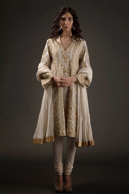 Rohit Bal Ivory Chanderi Silk Embroidered Zari Work V Neck Kalidar Kurta Set  