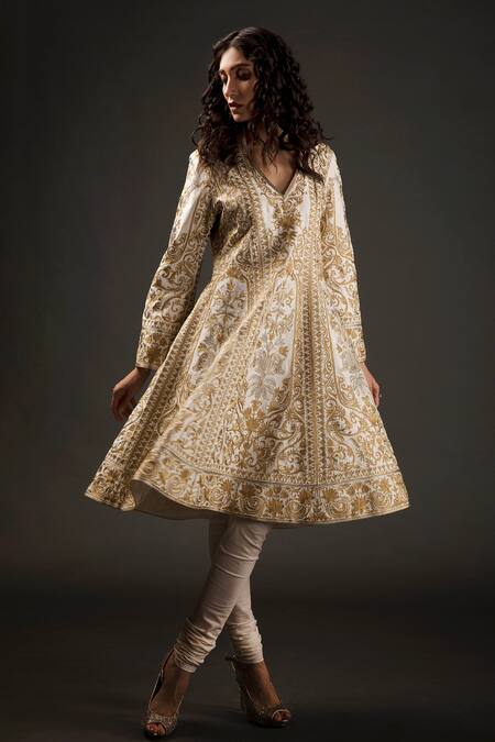 Rohit Bal_Ivory Chanderi Silk Zari Work V Neck Embroidered Kalidar Kurta Set _Online_at_Aza_Fashions