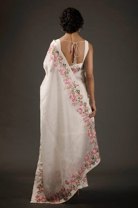 Rohit Bal Floral Embroidered Organza Saree With Unstitched Blouse Piece 