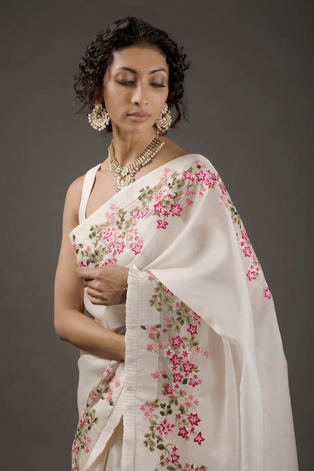 Rohit Bal_Ivory Organza Resham Floral Embroidered Saree With Unstitched Blouse Piece _Online_at_Aza_Fashions