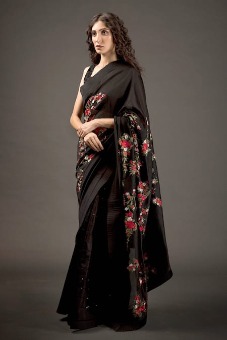 Rohit Bal Black Chanderi Silk Embroidered Saree With Unstitched Blouse Piece  