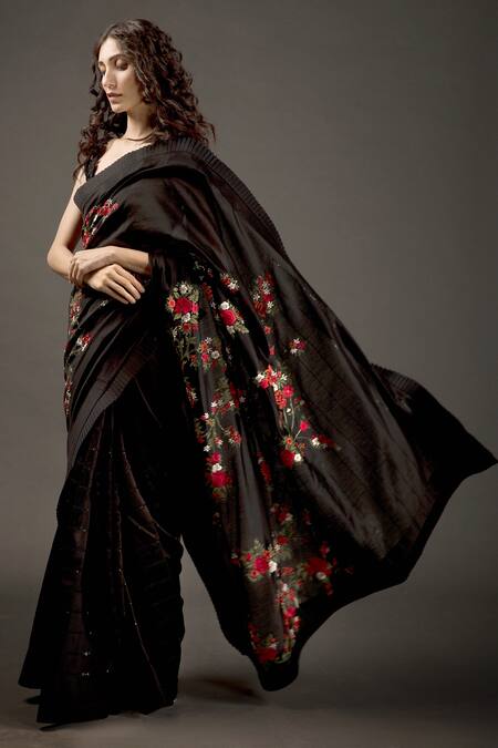 Rohit Bal_Black Chanderi Silk Resham Embroidered Saree With Unstitched Blouse Piece _Online_at_Aza_Fashions