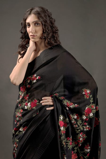 Buy_Rohit Bal_Black Chanderi Silk Resham Embroidered Saree With Unstitched Blouse Piece _Online_at_Aza_Fashions