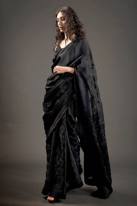 Rohit Bal Black Organza Embroidered Floral Saree With Unstitched Blouse Piece  