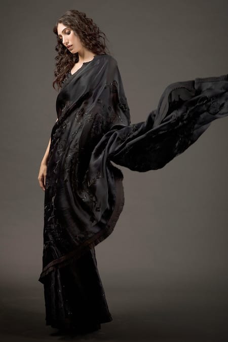 Rohit Bal_Black Organza Resham Floral Embroidered Saree With Unstitched Blouse Piece _Online_at_Aza_Fashions