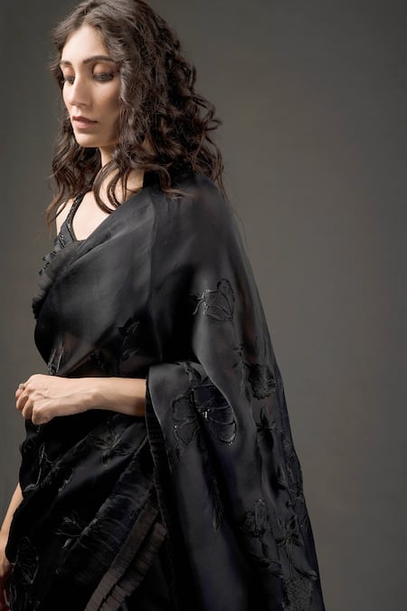 Buy_Rohit Bal_Black Organza Resham Floral Embroidered Saree With Unstitched Blouse Piece _Online_at_Aza_Fashions