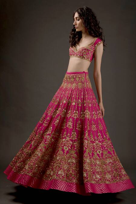 Rohit Bal_Fuchsia Chanderi Silk Lining Cotton Resham Embroidered Bridal Lehenga Set _Online_at_Aza_Fashions