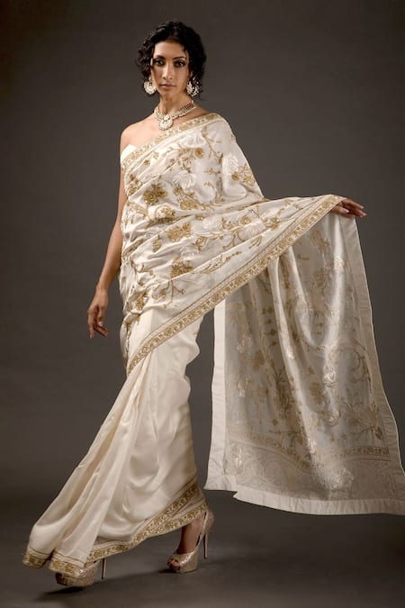 Rohit Bal Ivory Chanderi Silk Embroidered Floral Motifs Saree For Women